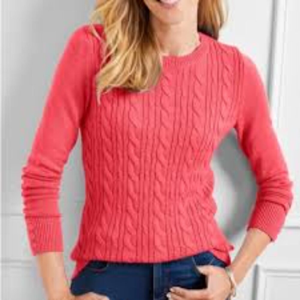 Talbots Lambswool Blend Cable Knit Crew Sweater Coral Size S